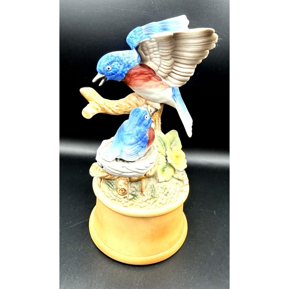 Shafford Japan Hand Painted Bluebirds Porcelain Music Box Figurine Vintage